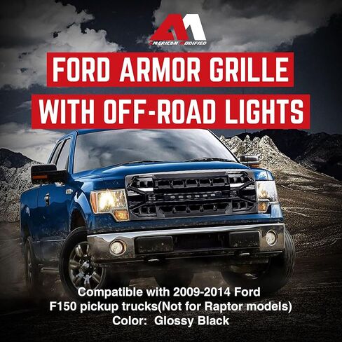 AMERICAN MODIFIED Raptor Style Mesh Grill with Amber LED Lights and Emblem Base Compatible with 2009 to 2014 Ford F150 Models, Matte Black in Kuwait