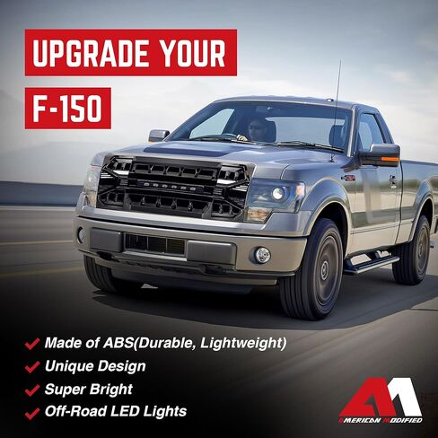 AMERICAN MODIFIED Raptor Style Mesh Grill with Amber LED Lights and Emblem Base Compatible with 2009 to 2014 Ford F150 Models, Matte Black in Kuwait