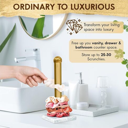 Luxori Scrunchie Holder رخام حقيقي- إكسسوارات الشعر منظم ديكور غرفة ذهبية للبنات في سن المراهقة شعر Scrunchie منظم Scrunchie حامل سوار Scrunchie عرض برج المجوهرات in Saudi Arabia