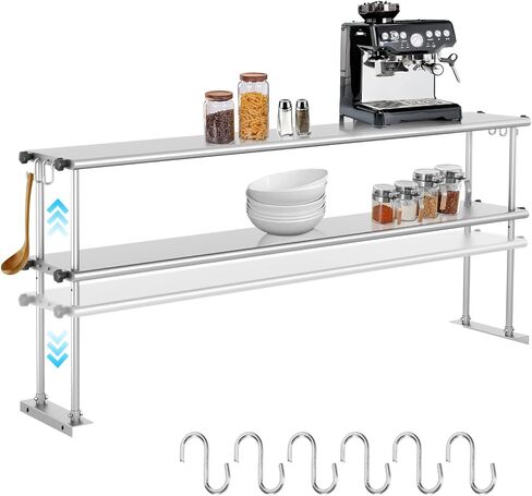 Double Overshelf of Stainless Steel 48" x 12", Stainless Steel Overshelf with 6 Hooks, Adjustable Commercial Double Shelf for 48" Prep Work Table in Restaurant, Bar, Garage, Home, Kitchen and Workshop in Kuwait