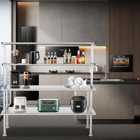 Double Overshelf of Stainless Steel 48" x 12", Stainless Steel Overshelf with 6 Hooks, Adjustable Commercial Double Shelf for 48" Prep Work Table in Restaurant, Bar, Garage, Home, Kitchen and Workshop in Kuwait