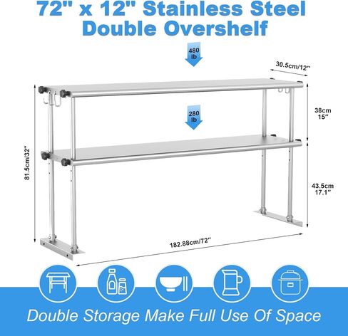 Double Overshelf of Stainless Steel 48" x 12", Stainless Steel Overshelf with 6 Hooks, Adjustable Commercial Double Shelf for 48" Prep Work Table in Restaurant, Bar, Garage, Home, Kitchen and Workshop in Kuwait
