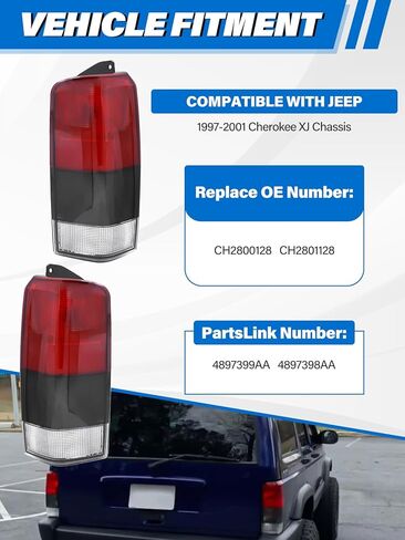 مجموعة مصباح الذيل متوافق مع Jeep Cherokee 1997-2001 نوع الهالوجين من نوع الخليط الخلفي ، مصباح الفرامل الخلفية لـ 4897399AA 4897398AA CH2800128 CH2801128 ، الجانب الأيسر واليسر in Kuwait