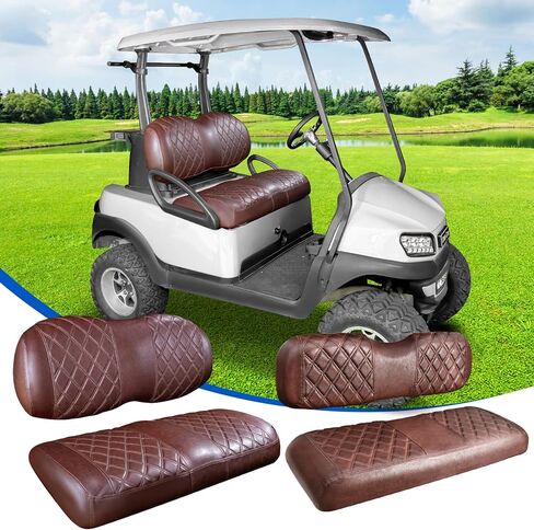مجموعة أغطية مقاعد عربة الجولف 4 قطع من NOKINS، أغطية المقاعد الأمامية والخلفية تناسب وسادة المقعد العادية الأصلية لنادي السيارات، ملحقات أغطية مقاعد السيارة من الفينيل، بدون دبابيس (بني بني 8438) in Kuwait