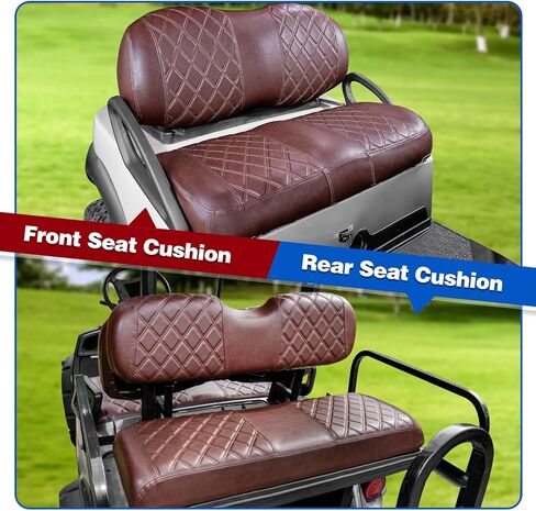 مجموعة أغطية مقاعد عربة الجولف 4 قطع من NOKINS، أغطية المقاعد الأمامية والخلفية تناسب وسادة المقعد العادية الأصلية لنادي السيارات، ملحقات أغطية مقاعد السيارة من الفينيل، بدون دبابيس (بني بني 8438) in Kuwait