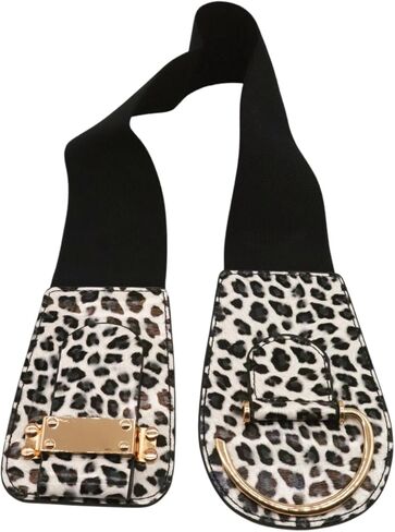 Women Leopard Elastic Wide Belt - Hip High Waist Gold Hook Buckle Animal Print Size L - XL in Saudi Arabia