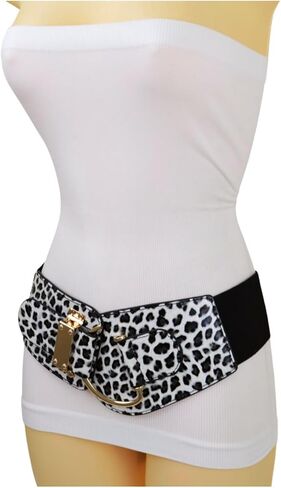 Women Leopard Elastic Wide Belt - Hip High Waist Gold Hook Buckle Animal Print Size L - XL in Saudi Arabia