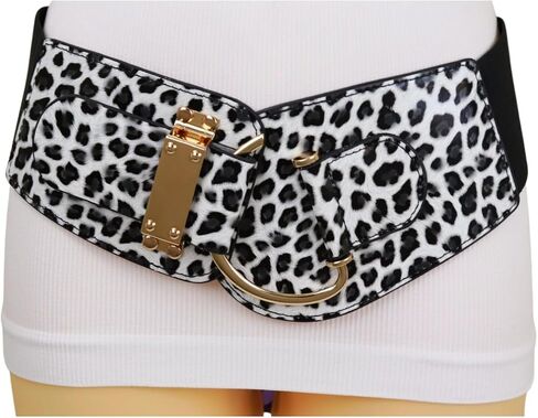 Women Leopard Elastic Wide Belt - Hip High Waist Gold Hook Buckle Animal Print Size L - XL in Saudi Arabia
