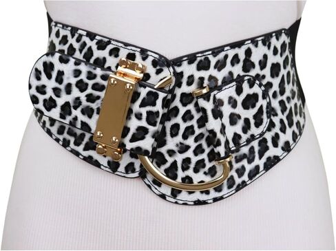 Women Leopard Elastic Wide Belt - Hip High Waist Gold Hook Buckle Animal Print Size L - XL in Saudi Arabia