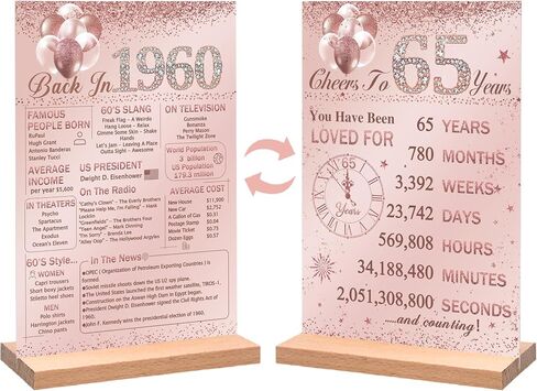 Vlipoeasn Pink 65th Table Table Decoration for Women ، Pintage 1960 Poster ، Glar Rose Gold في 1960 علامة على طاولة الأكريليك مع حامل ، ديكور لم شمل الصف السادس عشر ، مستلزمات حفلة عيد ميلاد عمرها 65 عامًا in Kuwait