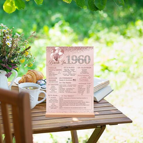 Vlipoeasn Pink 65th Table Table Decoration for Women ، Pintage 1960 Poster ، Glar Rose Gold في 1960 علامة على طاولة الأكريليك مع حامل ، ديكور لم شمل الصف السادس عشر ، مستلزمات حفلة عيد ميلاد عمرها 65 عامًا in Kuwait