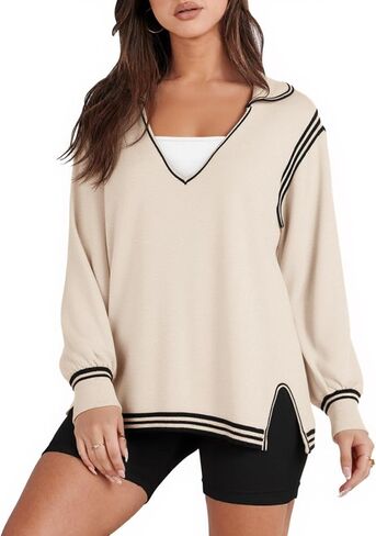 Yousify Womens Long Sleeve Dortts كبير الحجم غير الرسمي للبصيرة V للرقبة ، تقسيم Tunic Tunic قمم سائبة متماسكة فضفاضة in Saudi Arabia