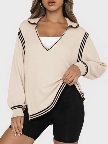 Yousify Womens Long Sleeve Dortts كبير الحجم غير الرسمي للبصيرة V للرقبة ، تقسيم Tunic Tunic قمم سائبة متماسكة فضفاضة in Saudi Arabia