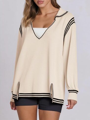 Yousify Womens Long Sleeve Dortts كبير الحجم غير الرسمي للبصيرة V للرقبة ، تقسيم Tunic Tunic قمم سائبة متماسكة فضفاضة in Saudi Arabia