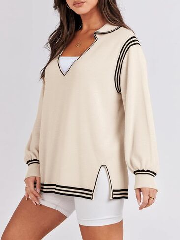 Yousify Womens Long Sleeve Dortts كبير الحجم غير الرسمي للبصيرة V للرقبة ، تقسيم Tunic Tunic قمم سائبة متماسكة فضفاضة in Saudi Arabia