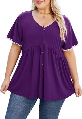 Beauhuty Women's Plus Size Shirts V Neck Button Front Tops Lace Ruffle Short Sleeve Blouse Casual Flowy Pleated Tunic Summer in Kuwait