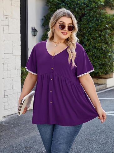 Beauhuty Women's Plus Size Shirts V Neck Button Front Tops Lace Ruffle Short Sleeve Blouse Casual Flowy Pleated Tunic Summer in Kuwait