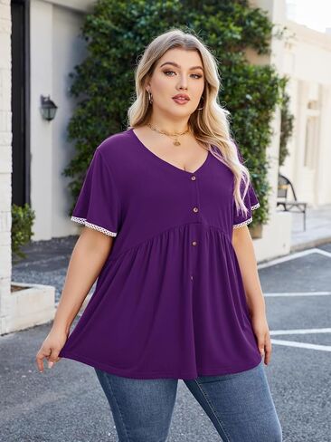 Beauhuty Women's Plus Size Shirts V Neck Button Front Tops Lace Ruffle Short Sleeve Blouse Casual Flowy Pleated Tunic Summer in Kuwait