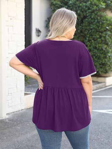 Beauhuty Women's Plus Size Shirts V Neck Button Front Tops Lace Ruffle Short Sleeve Blouse Casual Flowy Pleated Tunic Summer in Kuwait