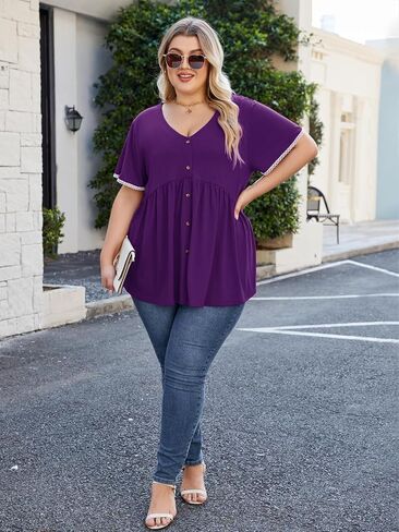 Beauhuty Women's Plus Size Shirts V Neck Button Front Tops Lace Ruffle Short Sleeve Blouse Casual Flowy Pleated Tunic Summer in Kuwait