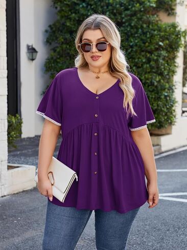 Beauhuty Women's Plus Size Shirts V Neck Button Front Tops Lace Ruffle Short Sleeve Blouse Casual Flowy Pleated Tunic Summer in Kuwait