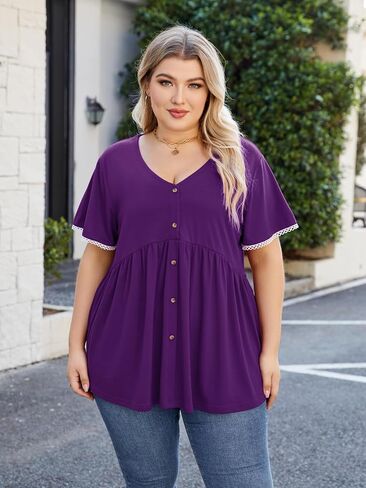 Beauhuty Women's Plus Size Shirts V Neck Button Front Tops Lace Ruffle Short Sleeve Blouse Casual Flowy Pleated Tunic Summer in Kuwait