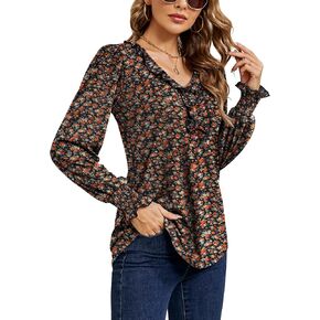Ivicoer Womens Fall Long Sleeve Tops 2024 V Neck Shirts Smocked Ruffle Tunic Blouses in Kuwait