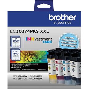 Brother حقيقية LC30374PKS، 4 عبوات من خراطيش حبر خزان INKvestment عالية الإنتاجية، تتضمن خرطوشة واحدة لكل حبر أسود وسماوي وأرجواني وأصفر، إنتاجية صفحة تصل إلى 1500 صفحة/خرطوشة، LC3037 in Saudi Arabia