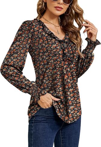Ivicoer Womens Fall Long Sleeve Tops 2024 V Neck Shirts Smocked Ruffle Tunic Blouses in Kuwait
