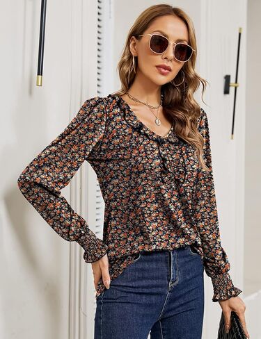 Ivicoer Womens Fall Long Sleeve Tops 2024 V Neck Shirts Smocked Ruffle Tunic Blouses in Kuwait