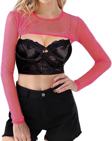 WILDPARTY Women Fishnet Crop Top - Long Sleeve Sexy Sheer Mesh Top in Saudi Arabia