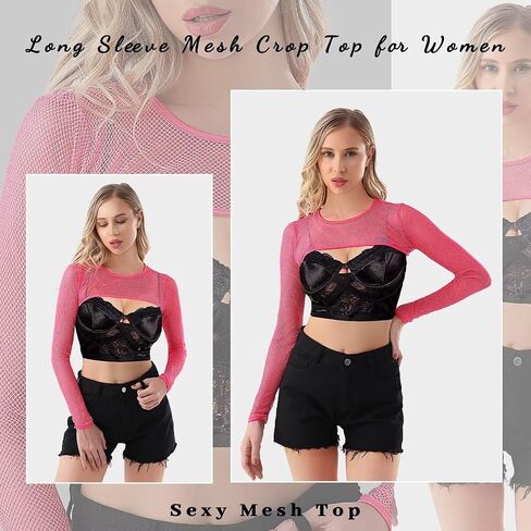 WILDPARTY Women Fishnet Crop Top - Long Sleeve Sexy Sheer Mesh Top in Saudi Arabia