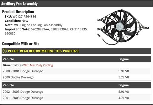 Auxiliary Radiator Fan Assembly - Compatible with 2000-2003 Dodge Durango V8 in Saudi Arabia