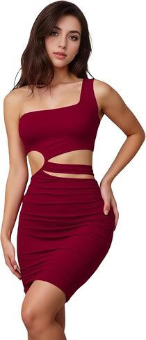 Womens One Shoulder Cutout Slim Fit Bodycon Dresses Ruched Hollow Out Slanted Collar Sleeveless Mini Sexy Dresses in Kuwait