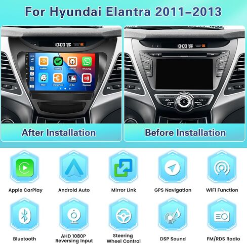 Fuluku【8 Core 4+64GB】 for Hyundai Elantra 2011 2012 2013 Android 13 Car Stereo Carplay Radio with Wireless Carplay Android Auto, 9'' Touch Screen, GPS/WiFi/32EQ DSP/Bluetooth 5.0/SWC/Mic, Backup Cam in Kuwait