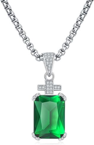 YAMI Necklace for Men, Cross Pendant with 24" Stainless Steel Chain, 17.5-Carat Cubic Zirconia Diamond, Emerald Cut Birthstone, Jewelry Gift for Boyfriend/Husband in Kuwait