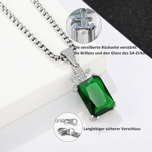 YAMI Necklace for Men, Cross Pendant with 24" Stainless Steel Chain, 17.5-Carat Cubic Zirconia Diamond, Emerald Cut Birthstone, Jewelry Gift for Boyfriend/Husband in Kuwait