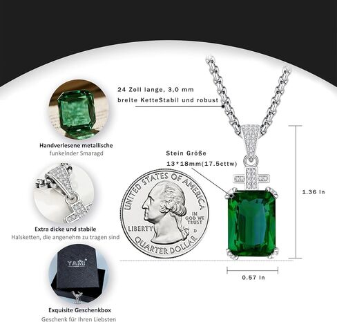 YAMI Necklace for Men, Cross Pendant with 24" Stainless Steel Chain, 17.5-Carat Cubic Zirconia Diamond, Emerald Cut Birthstone, Jewelry Gift for Boyfriend/Husband in Kuwait