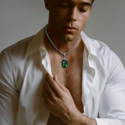 YAMI Necklace for Men, Cross Pendant with 24" Stainless Steel Chain, 17.5-Carat Cubic Zirconia Diamond, Emerald Cut Birthstone, Jewelry Gift for Boyfriend/Husband in Kuwait