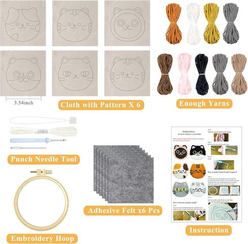 Morledoa Punch Needle Coasters Kit, Punch Needle Kits Adults Beginner, Punch Needle Kit with Adhesive Felt, Yarns, Embroidery Hoop, Instruction, DIY Punch Needle Cat Coasters Kit in Saudi Arabia