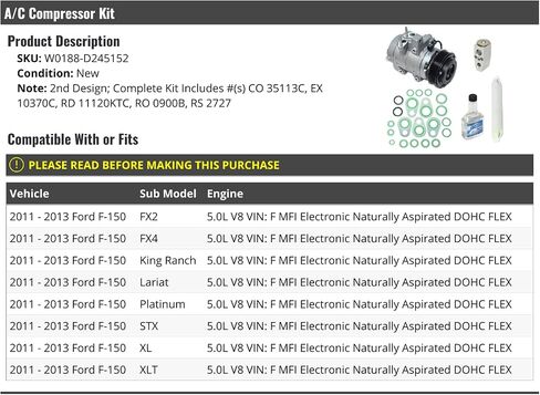 مجموعة ضاغط A/C - التصميم الثاني - متوافق مع 2011-2013 FORD F -150 5.0L V8 VIN F MFI Electronic DOHC Flex in Saudi Arabia