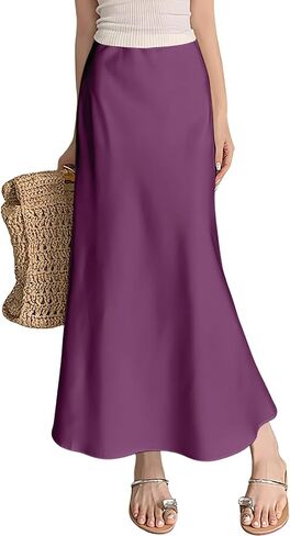 Ebossy Women's Long Satin Skirt Silk Silk Dary Hidden Hidden Cercy Flared A-Line Maxi Vertts in Kuwait