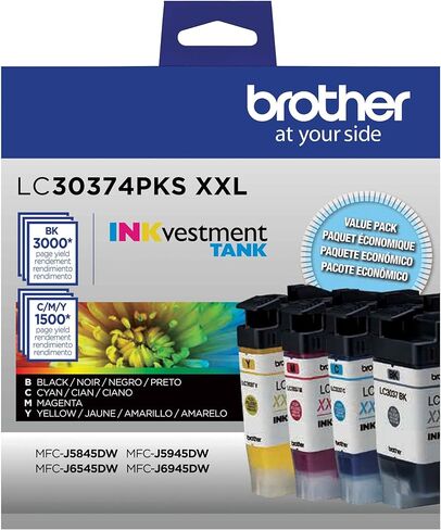 Brother Genuine LC30374PKS, 4-Pack Super High-Yield INKvestment Tank Ink Cartridges, Includes 1 Cartridge Each of Black, Cyan, Magenta and Yellow Ink, Page Yield Up to 1,500 Pages/Cartridge, LC3037 in Saudi Arabia