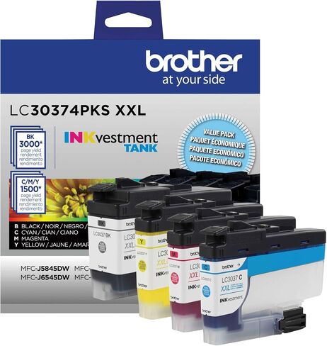 Brother Genuine LC30374PKS, 4-Pack Super High-Yield INKvestment Tank Ink Cartridges, Includes 1 Cartridge Each of Black, Cyan, Magenta and Yellow Ink, Page Yield Up to 1,500 Pages/Cartridge, LC3037 in Saudi Arabia