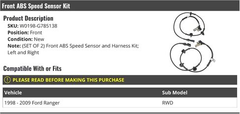 Front ABS Speed Sensor Kit - 2 Piece - Compatible with 1998-2009 Ford Ranger RWD in Saudi Arabia