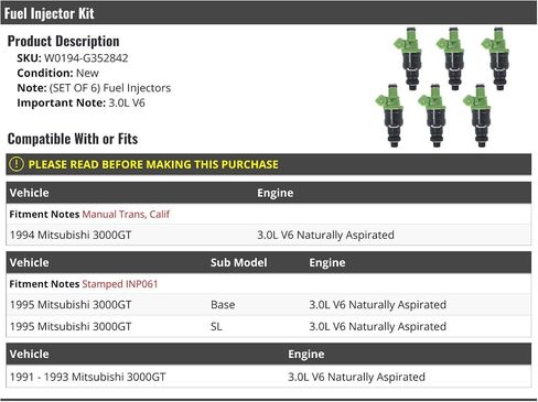مجموعة حاقن الوقود من 6 - متوافقة مع 1991-1995 Mitsubishi 3000GT 3.0L V6 بشكل طبيعي in Kuwait