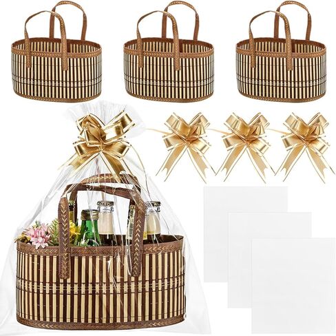 Baskets for Gifts Empty Sturdy Woven Bamboo Gift Basket with Gift Bags and Ribbons for Christmas Thanksgiving Birthday Mothers Day Housewarming Party Gift Wrapping, 12"x 8"x 6" (1 Set) in Kuwait