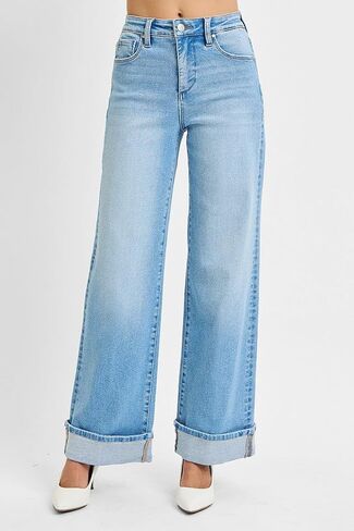 SALT TREE Risen Jeans - Tummy Control High Rise Cuffed Wide Jeans - PW21046 in Kuwait