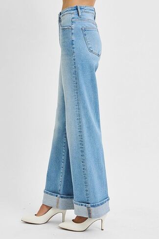SALT TREE Risen Jeans - Tummy Control High Rise Cuffed Wide Jeans - PW21046 in Kuwait