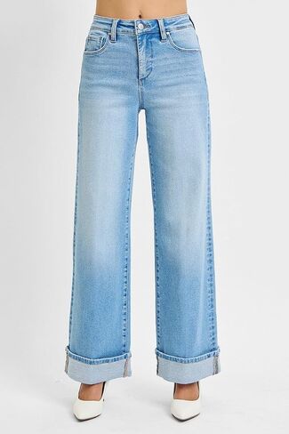 SALT TREE Risen Jeans - Tummy Control High Rise Cuffed Wide Jeans - PW21046 in Kuwait